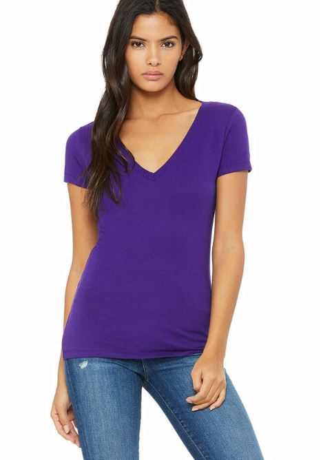 A lady in a purple V-neck shirt