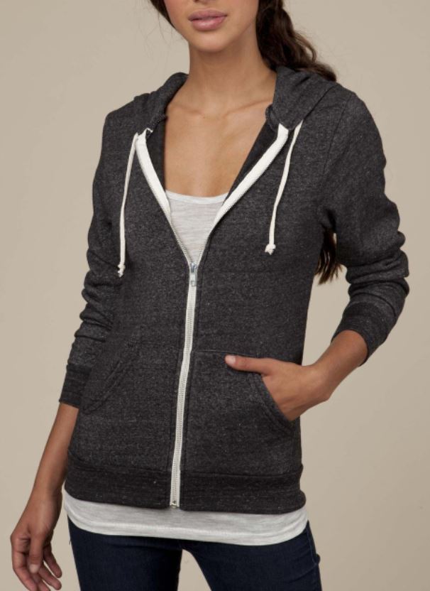 A lady in a twisted gray hoodie